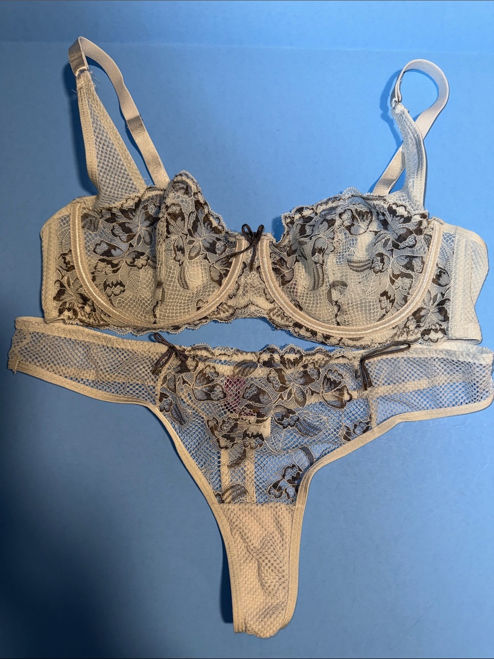 Adore me Sheer Mesh Floral Lace Bra & Thong Set in Grey & Dark Grey